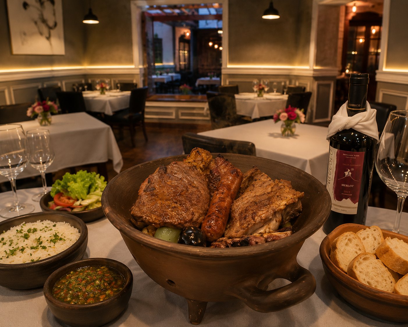 Parrillada servida en greda en Casona Gourmet